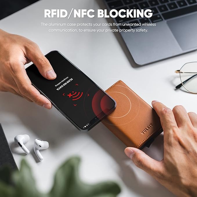 VULKIT Pop up Wallet Minimalist Cash Wallets RFID Blocking Leather Smart Credit Card Holder with Magnetic Closure for Men