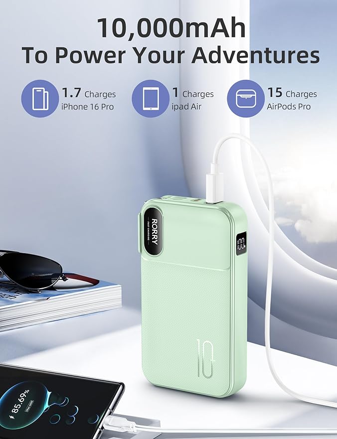 RORRY Portable Charger Built in Cables, AC Wall Plug In Portable Charger Power Bank 10000mAh Travel Battery Pack 22.5W Fast Charging for iPhone 17/16/15 Samsung Galaxy S24/S23/S22 Pixel LG iPad, Green