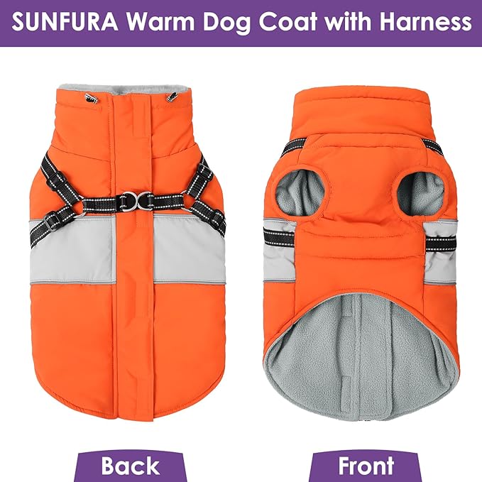 SUNFURA Dog Coat, XXXL Dog Jacket Winter with Harness Built in, Waterproof Pet Snow Jacket with Furry Collar for Chilly Day, Reflective Fleece Snowsuit for Extra Large Dogs, Orange 3XL