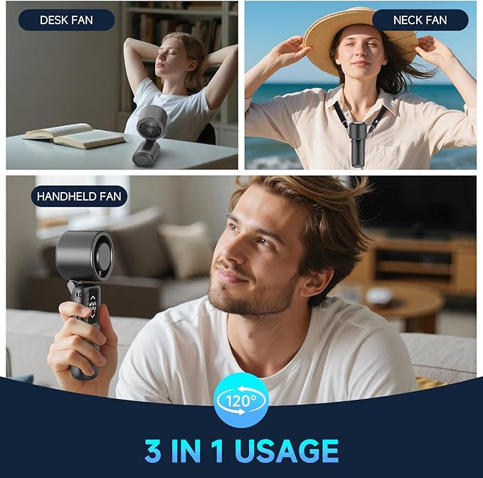 Guirngou Portable Handheld Turbo Fan, 1-100 Gear Wind, Battery Operated, Up to 23 Working Hours, 3 IN 1 Personal Fan with Air Turbo Tech, Cooling Essentials for Indoor/Outdoor