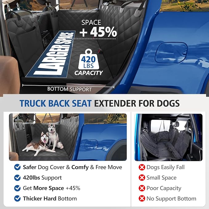 XL Truck Back Seat Extender for Dogs, Dog Seat Cover Back Seat Holds 420lbs, Hard Bottom Pet Seat Covers for Crew Cab Trucks, Dog Hammock for F150, RAM1500, Sierra, Tundra, Silverado, Titan Black