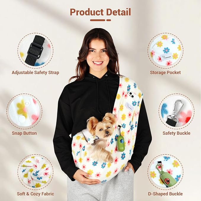 Dog Carrier Sling,Indoor Comfort Adjustable Cat Sling Carrier,with Front Pocket and Seat Belt Dog Carriers for Small Dogs Machine Washable,Suitable for Family Outdoor Use (Medium, Daisy)