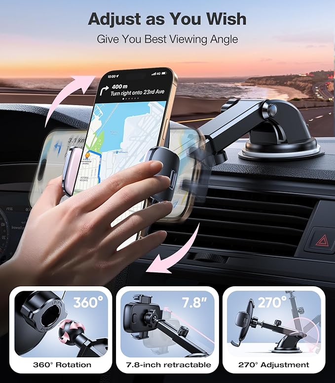 TORRAS Pink Phone Holders for Your Car【Ultra-Durable & Strongest Suction】, Universal Car Phone Holder Mount Truck Cradle Stand for Dashboard Windshield Vent, Pink Car Accessories