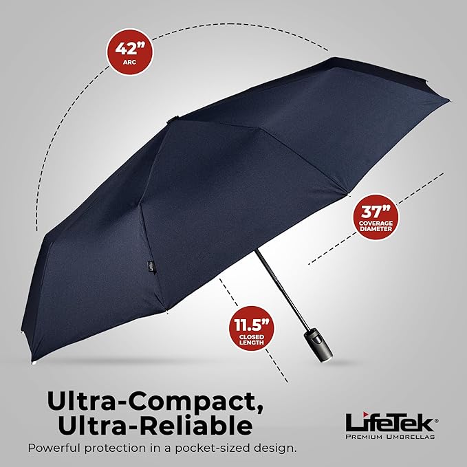 LifeTek Premium Travel Umbrella - Windproof & Compact for Men & Women, Automatic Open Close, Fits in Purse Laptop Bag or Backpack, Strong Frame for Heavy Rain & Sun UV Protection