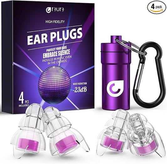 High Fidelity Concert Ear Plugs, Noise Cancelling Silicone Ear Plugs 2 Pairs Great for Concerts Loud Music, Musicians, Motorcycles, Airplanes, Raves, Hearing Protection -23 dB