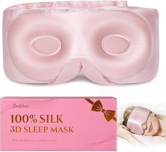 BeeVines Pure Silk 3D Sleep Mask for Women, Luxury 100% 22 Momme Mulberry Silk 3D Contoured Eye Mask for Lash Extensions, Zero Eye Pressure & Blackout Blindfold for Sleeping, with Adjustable Band