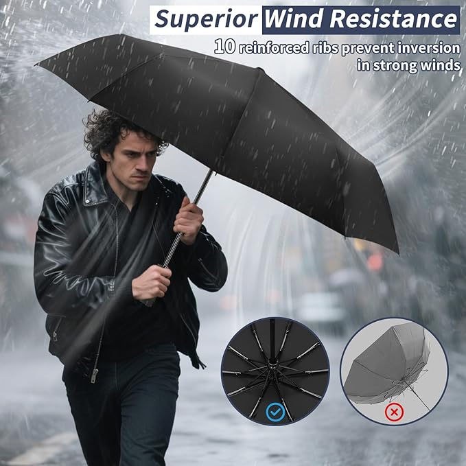 Satol Compact Umbrellas Automatic Open/Close, 46 Inch Windproof Travel Umbrellas, 10-Rib Umbrella for Rain, UPF 50+ UV Protection Sturdy Folding Umbrella