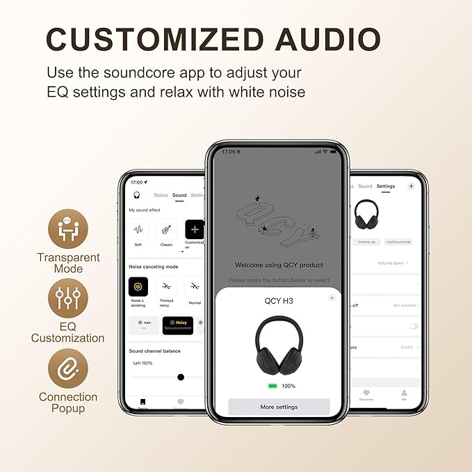 QCY H3 ANC Bluetooth Headphones Over Ear, Active Noise Cancelling Bluetooth 5.4 Headphones with Microphones, Hi-Res Audio Sound, Multipoint Connection, 60H Playback, Custom EQ via App(Black)