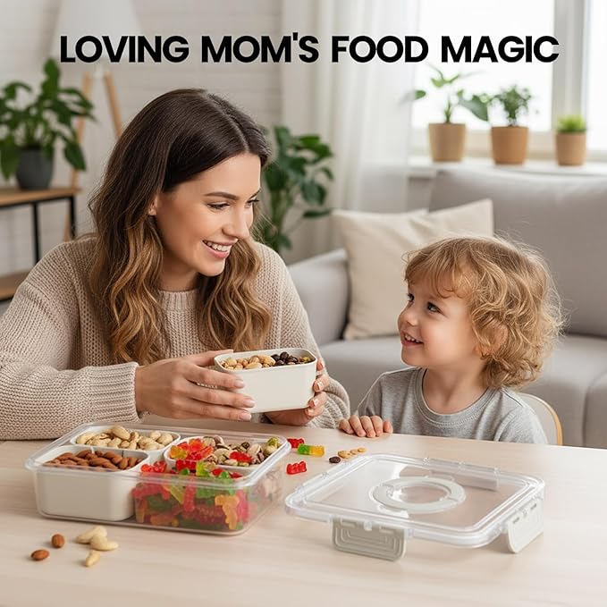 Snackle Box Container, Upgrade Dishwasher,Safe Snack Box for Adult Kids, 4 compartments Plastic Divided Serving Tray with Lid and Handle for Candy, Fruits, Snacks, Nuts,Small,White,1 Pack