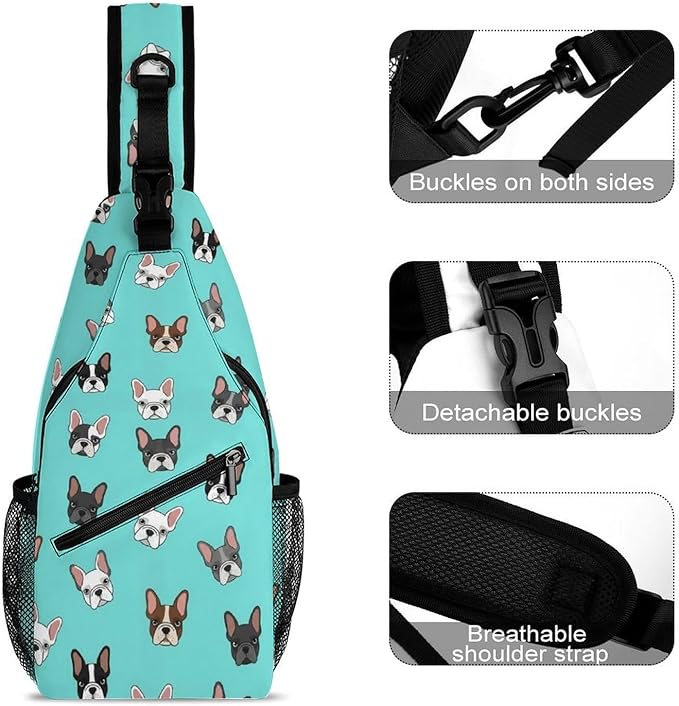 SWEET TANG Lightweight Sling Shoulder Backpack, Adjustable Gym Bags French Bulldog Faces Pattern, Large Capacity Chest Cross Body Bag Daypack, Outdoor Multipurpose Bag