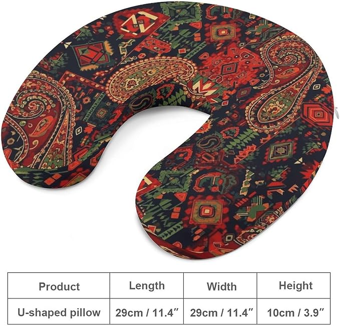 Memory Foam Travel Pillow Chin Head Support Cushion Bandana Paisley and Native American Motifs Pattern, Washable Removable Cover for Airplane Car Outdoor Sleep