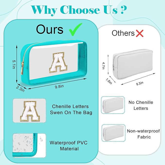 Personalized Initial Letter Clear Makeup Bag,Preppy Small Nylon&PVC Cosmetic Zipper Bag with Chenille Letter,Portable Beach Travel Skincare Toiletry Bag,Trendy Monogram Gift for Teen Girls Women,M