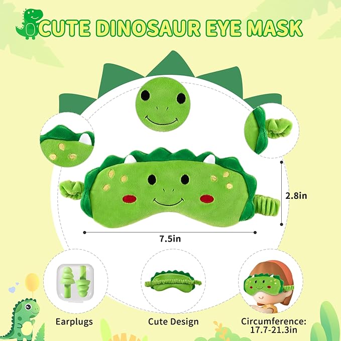 Travel Neck Pillow for Kids, Dinosaur Memory Foam Pillow with Cute Sleep Mask & Earplugs, Lightweight Travelling Pillow Set for Airplane, Car, Train, Bus and Home Use (Green)