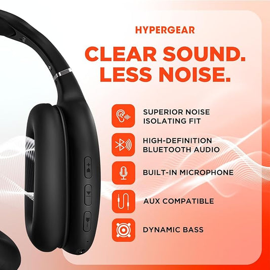 HyperGear Wireless Headphones Bluetooth Black- Noise Isolation Headphones Wireless Over The Ear Head Phones, Gym Headset Built-in Mic Controls Square Foam Cups Foldable Headphone for Women and Men