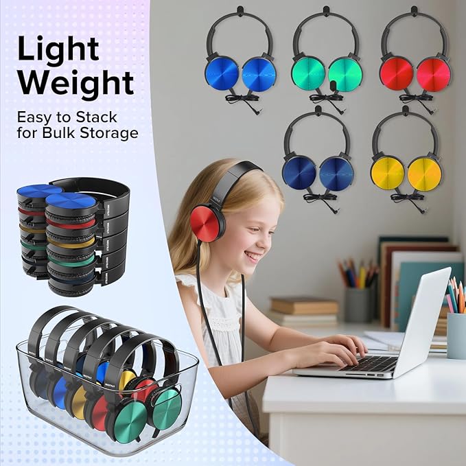 Kids Headphones Bulk 5 Pack Mixed Colors,On-Ear Premium Student Bulk Headphones,Comfy Swivel Earphones for Classroom School Library Airplane,Noise Stereo Sound 3.5mm Jack(HTC004)