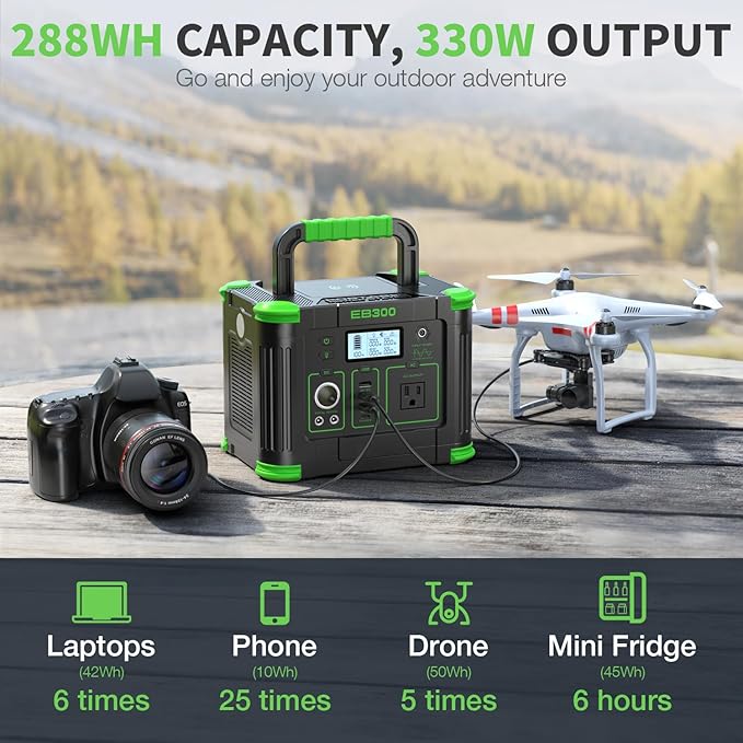 330W Portable Power Station, 288.6Wh Solar Generator with 60W USB-C PD Output, 110V Pure Sine Wave AC Outlet, 5W Wireless Charging, 330W Backup Lithium Battery for Outdoor Camping Travel Hunting Home