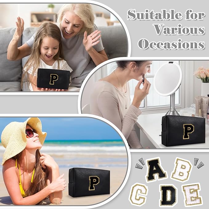 Personalized Initial A-Z Preppy Patch Makeup Bag,Small PU Chenille Letter Cosmetic Bag with Zipper for Teen Girls,Black Cute Toiletry Organizer Bag,Monogram Makeup Case Gift for Women Girls,Letter P