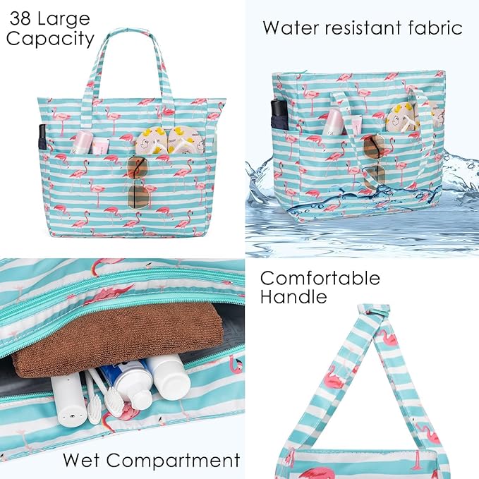 KABAQOO Extra Large Beach Bag Waterproof Sandproof Women Beach Tote with Zipper & Wet Compartment for Pool Gym Grocery Travel