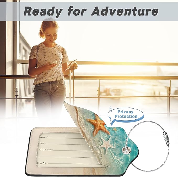Starfish Sand Beach Luggage Tags,2 Pack Travel Cruise Tags for Suitcases, Cute Identifiers with Privacy Flap, Baggage Tags for Women Men Handbag