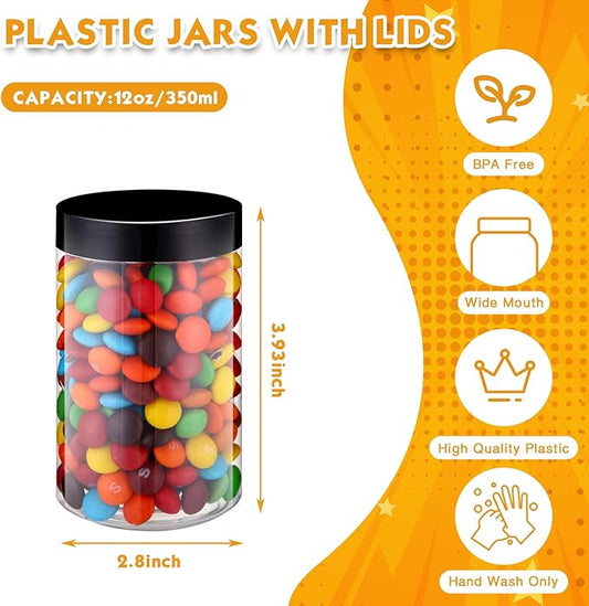 SATINIOR 12 Pack 12 oz Plastic Container Jars with Lids Round Clear Travel Cosmetic Container Slime Jars for Toiletries, Lotion, Cream, Ointments, Makeup, Rhinestone, Samples, Kitchen Storage(Black)
