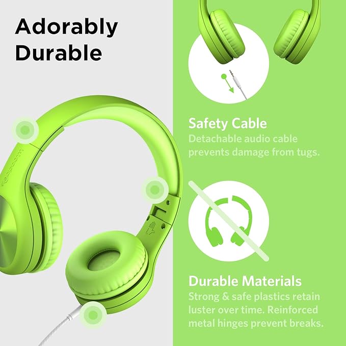 LilGadgets Connect+ Pro Wired Kids Headphones for School with Microphone, Volume Limiting Over-Ear Headset with Cord, SharePort Technology & SoftTouch Padding, Green