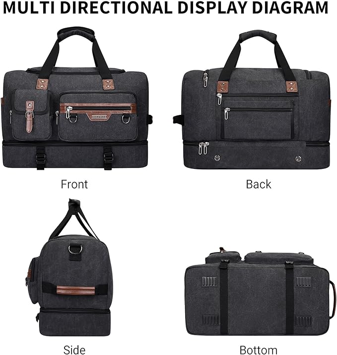 WITZMAN Canvas Weekender Bag Mens Overnight Bag for Traveling Carry on Duffle Bags with Shoes Compartment（A8010 Classic Black）