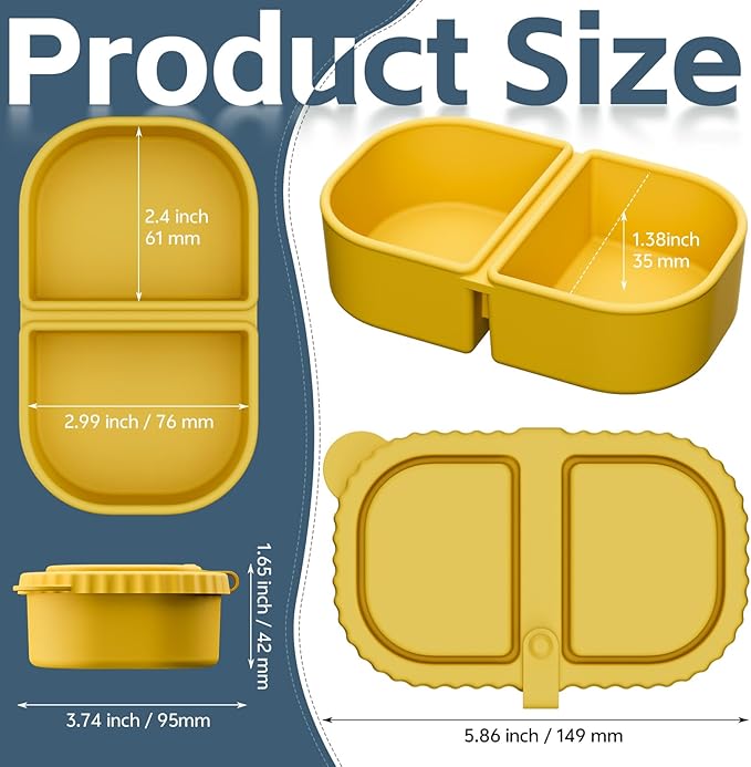 3 Pack Silicone Snack Containers with Lids, Reusable Double Compartment 8oz Leakproof Snack Box for Sauce, Dip, Salad, School, Office, Picnic