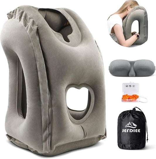 JefDiee Inflatable Travel Pillow, Airplane Neck Pillow Comfortably Supports Head and Chin for Airplanes, Trains, Cars Office Napping on The Tray Table (Grey)
