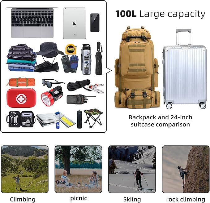 HongXingHai 100L Camping Hiking Backpack,Molle military Tactical rucksack backpack,Waterproof Lightweight Hiking Backpack (Khaki-C)