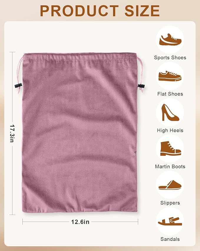 FantasyLife Shoe Bags for Travel, Washable Dust Bags for Storage & Packing, Flannel Shoe Pouch with Drawstring Closure for Purses, Handbags, Shoes & Toys (2, Parfait Pink)