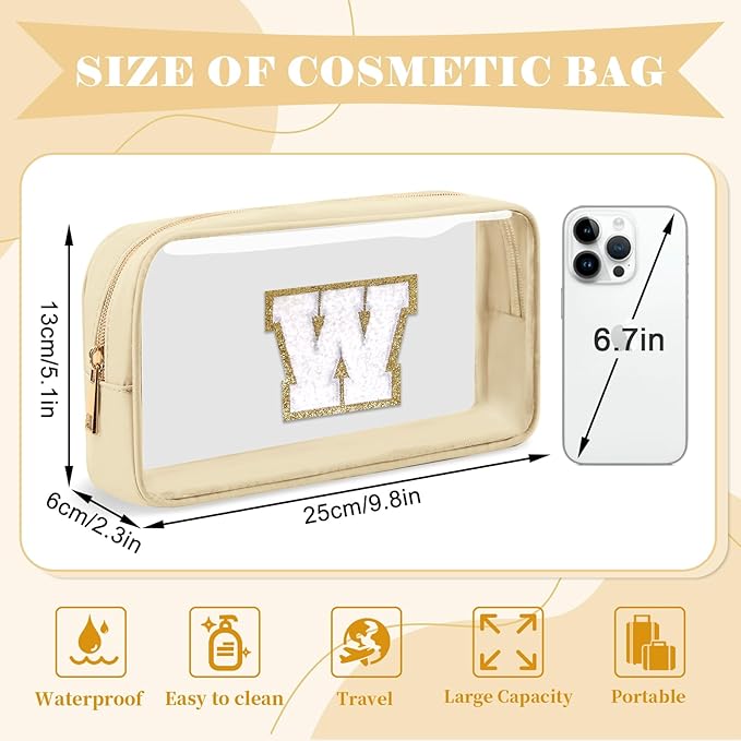 Personalized Initial Letter Clear Makeup Bag,Preppy Small Nylon&PVC Cosmetic Zipper Bag with Chenille Letter,Portable Beach Travel Skincare Toiletry Bag,Trendy Monogram Gift for Teen Girls Women,W