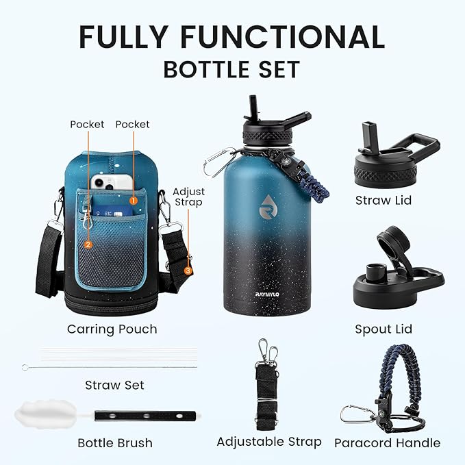 64oz Insulated Water Bottle, Triple Wall Vacuum Stainless Steel Water Bottles - Keeps Cold 48H, Reusable Half Gallon Jug for Gym, Sports, Camping, Hiking,Travel, Starry Sky-Indigo/Black