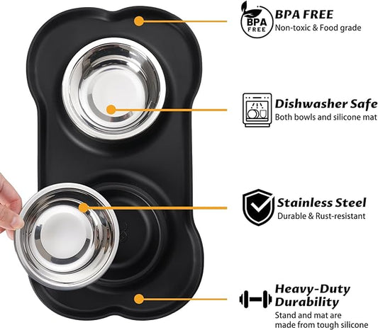 Hubulk Pet Dog Bowls 2 Stainless Steel Dog Bowl with No Spill Non-Skid Silicone Mat + Pet Food Scoop Water and Food Feeder Bowls for Feeding Small Medium Large Dogs Cats Puppies (M, Black)