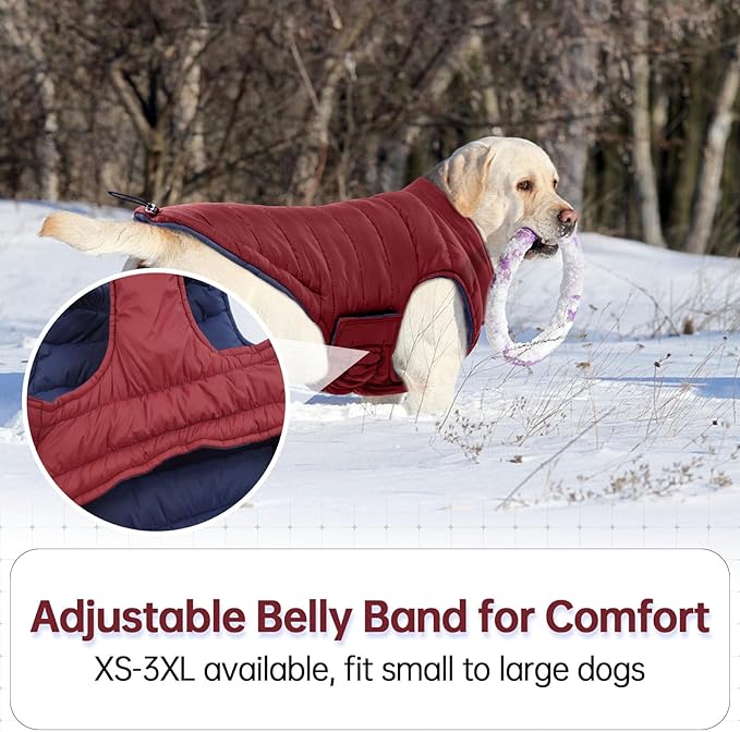 Lelepet Reversible Dog Coat Waterproof Dog Jacket Windproof Puffer Vest for Winter Warm Lightweight Coats for Medium Dogs Adjustbale Hook & Loop Pet Apparel with Leash Hole, French Bulldog, Wine Red L