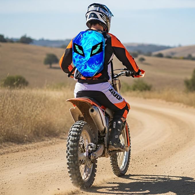 Motorcycle Backpack with LED Eyes, DIY Laptop Backpack for Riding, Cycling, Travel, Waterproof Hard Case Motorbike Bag, Large Size 19" SBlue