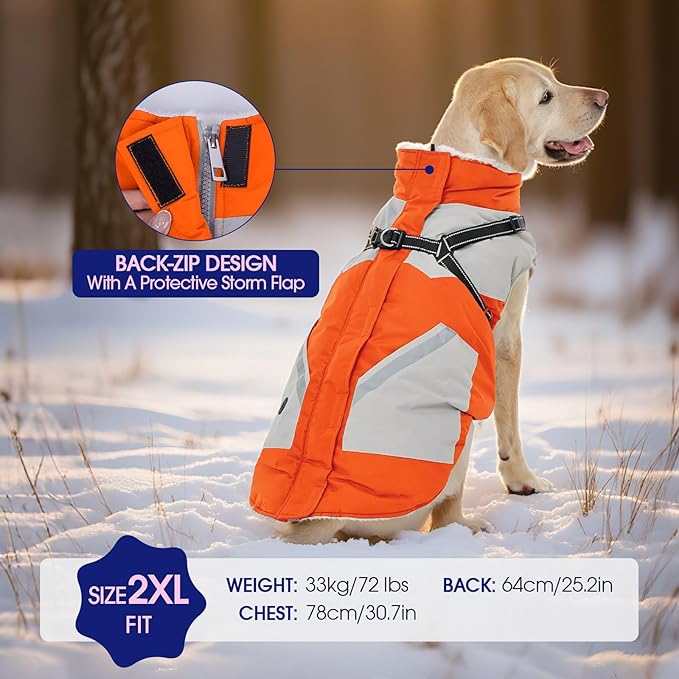 FUAMEY Dog Winter Jackets for Large Dogs,Dog Coat with Harness Built in,Waterproof Dogs Snowsuits Warm Pet Jacket Zip Up Fleece Cold Weather Coats Reflective Safety Pets Hunting Vest Orange L