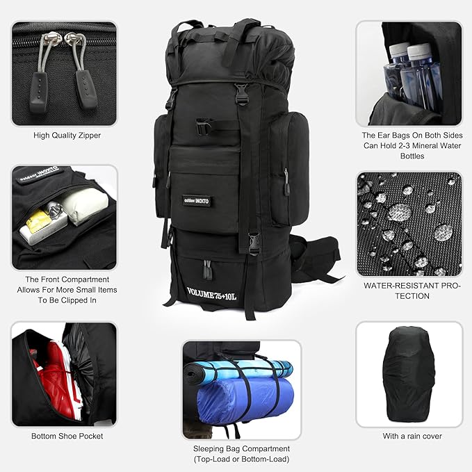 IX INOXTO 85L Lightweight Internal Frame Hiking Backpack for Men Women, Waterproof Travel Camping Backpack with Rain Cover (Black)
