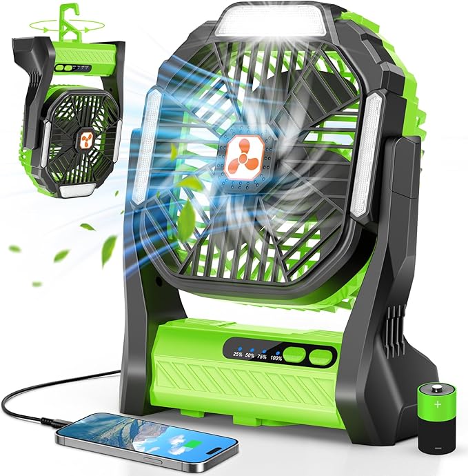 Portable Rechargeable Fan, 20000mAh Cordless Battery Powered Camping Tent Fans with SOS & LED Lantern, Small USB C Operated Outdoor Ventilador for Travel Camp Fishing Bedroom Power Outage Emergency