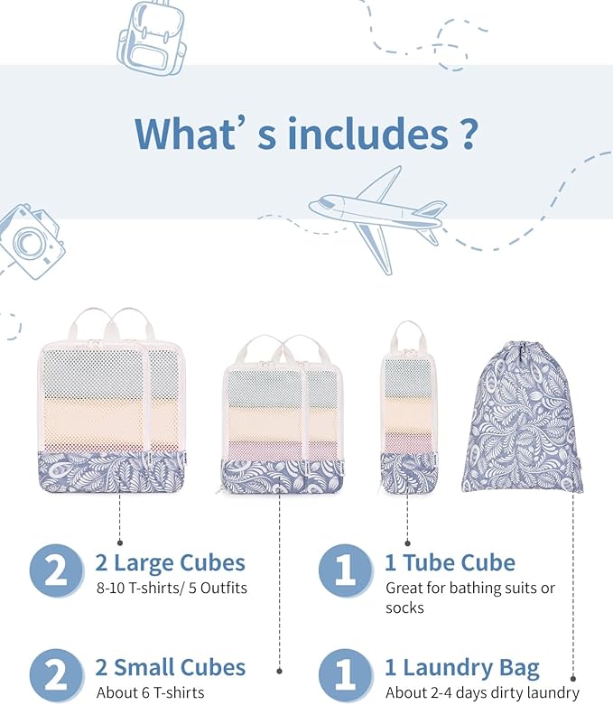 Narwey 6 Set Compression Packing Cubes for Travel Kids Women Carry on, Packing Organizers Bag for Backpack Luggage Suitcase Duffle Bags