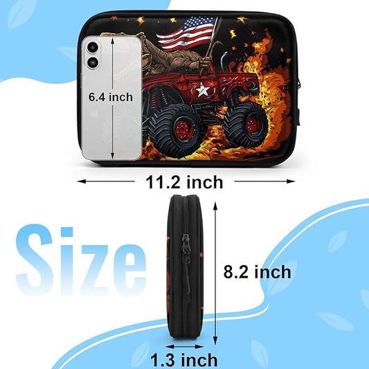 Truck Dinosaur Travel Cable Organizer Pouch American Flag Electronics Accessories Carry Case Portable Water Resistant Storage Bag for Cord Charger Phone Earphone SD Card