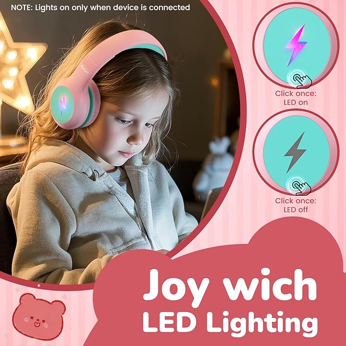 Kids USB C Headphones for School, 2025 Upgrade Safe Listening Wired Over-Ear Headphones with LED Lights, Volume Limiter & Microphone, Foldable Design for iPhone 16, iPad, Tablet