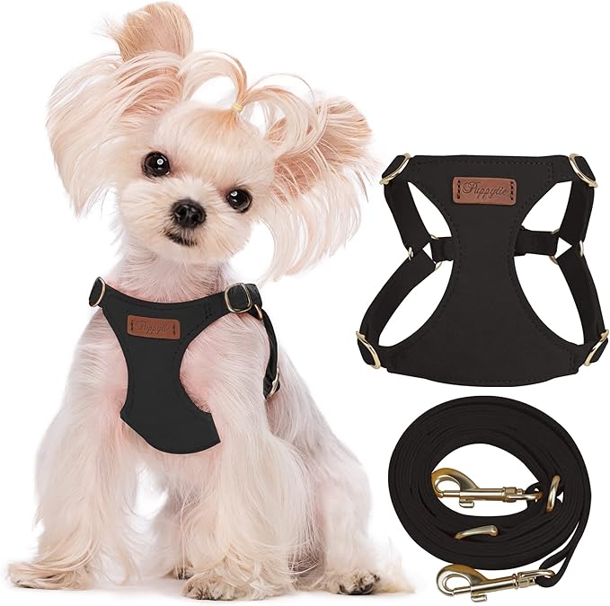 Puppytie No Pull xs Dog Harness with Multifunction Dog Leash,Soft Adjustable No Choke Escape Proof Pet Harness Vest,Black,XS