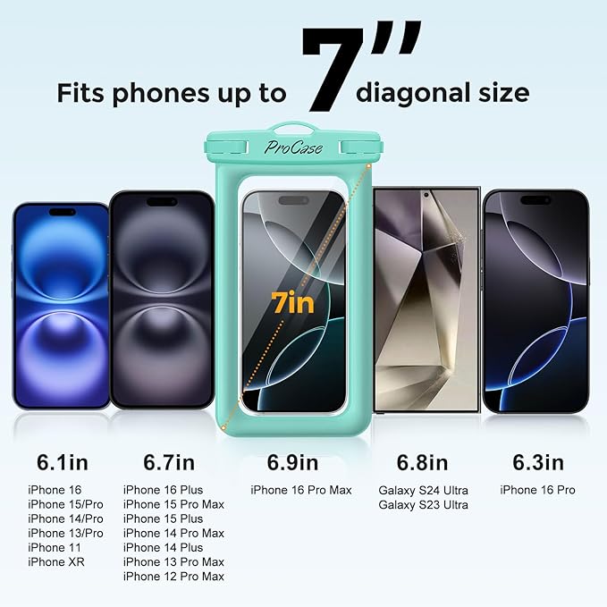 2 Pack ProCase Floating Waterproof Phone Pouch Up to 7", IPX8 Floatable Underwater Phone Case Dry Bag for iPhone 17/Air 16 15 14 13 12 11 Pro Max Xs Max XR X 8 7 Plus SE/Galaxy S24 S23 S22 - BlueGreen