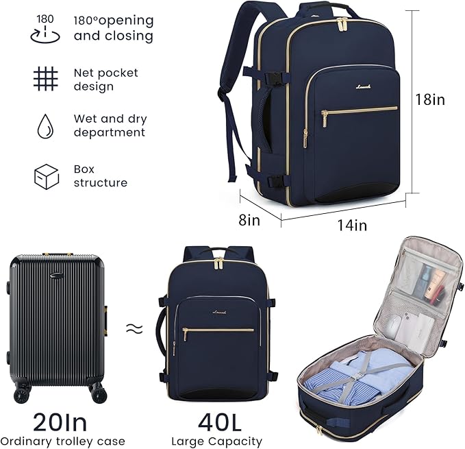 LOVEVOOK 40L Large Travel Backpack for Women Men, 17 Inch Carry on Backpack for Traveling on Airplane, Personal Item Travel Bag Airline Approved, Business Causal Weekender Backpack, Blue-Black