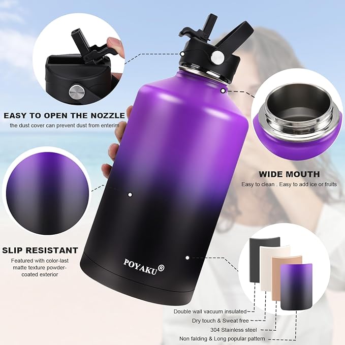 Water Bottle Insulated 32oz 40oz 64oz 128oz Straw Lid Spout Lid & 3 Lids, Leak Proof, Vacuum Insulated,Stainless Steel Water Bottle Wide Mouth for Sports, Gym or Office