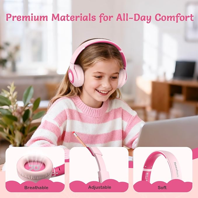 Kids Bluetooth Headphones with ANC, Wireless Over-Ear Headset for Boys and Girls, Foldable & Adjustable, Ideal for School, Travel and Online Learning (Pink)