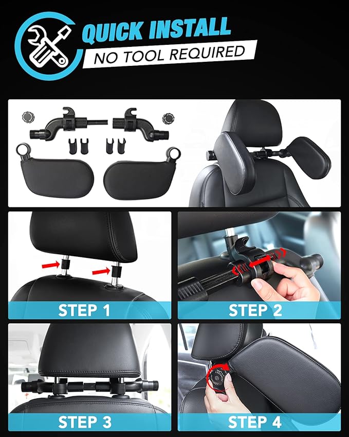 JZCreater Car Headrest Pillow, 180°Adjustable Head Neck Support Pillow, U- Shaped, Travel Sleeping Car Headrest, Only for Car Seat Headrest with Poles，Not Fit for Vehicle if The Seat Without 2 Poles