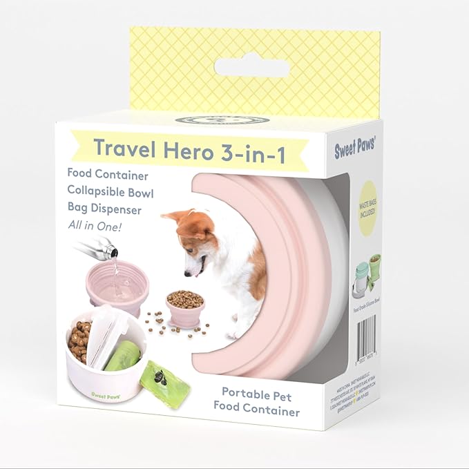 Sweet Paws Travel Hero 3-in-1 Portable Pet Food Container, Silicone Water Bowl, and Poop Bag Dispenser in One, Blush Pink