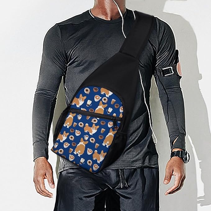 SWEET TANG Unisex Unique Chest Bag Gym Sack Fashion Sling Shoulder Backpack Outdoor Sports Daypack Shiba Inu Print Dog And Coffees, Multipurpose Adjustable Bag for Daily Use