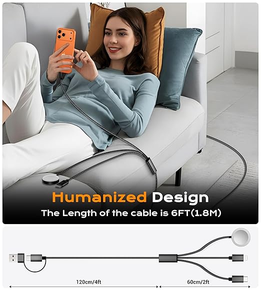 Temdan for Travel Vacation Essentials,3 in 2 USB C Cable for Apple Watch Charger/iPhone 17 Charger/Lightning,Multi Charging Cable Cord,Camping Essentials,Designed for iWatch &iPhone 16-12-6FT Black